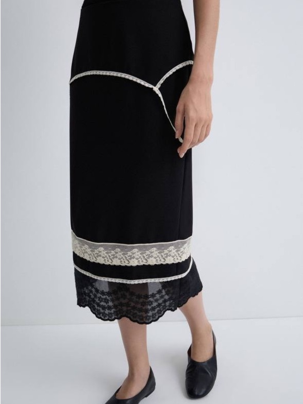 Lime Black Lace-Trim Pencil Skirt with Contrast Piping nwt
